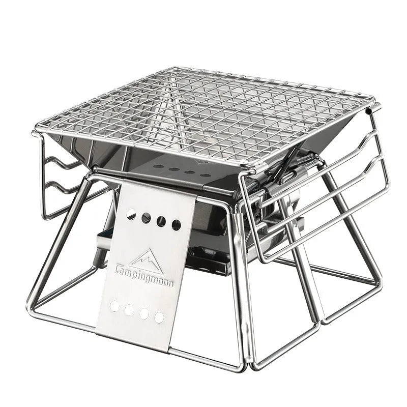 Portable stainless steel folding BBQ grill with non-stick surface in silver, with carrying case, for outdoor camping and picnics