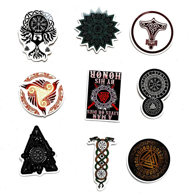 Ancient rune PVC sticker set with 50 irregular shaped graffiti-style decals in colour for luggage and smooth surfaces