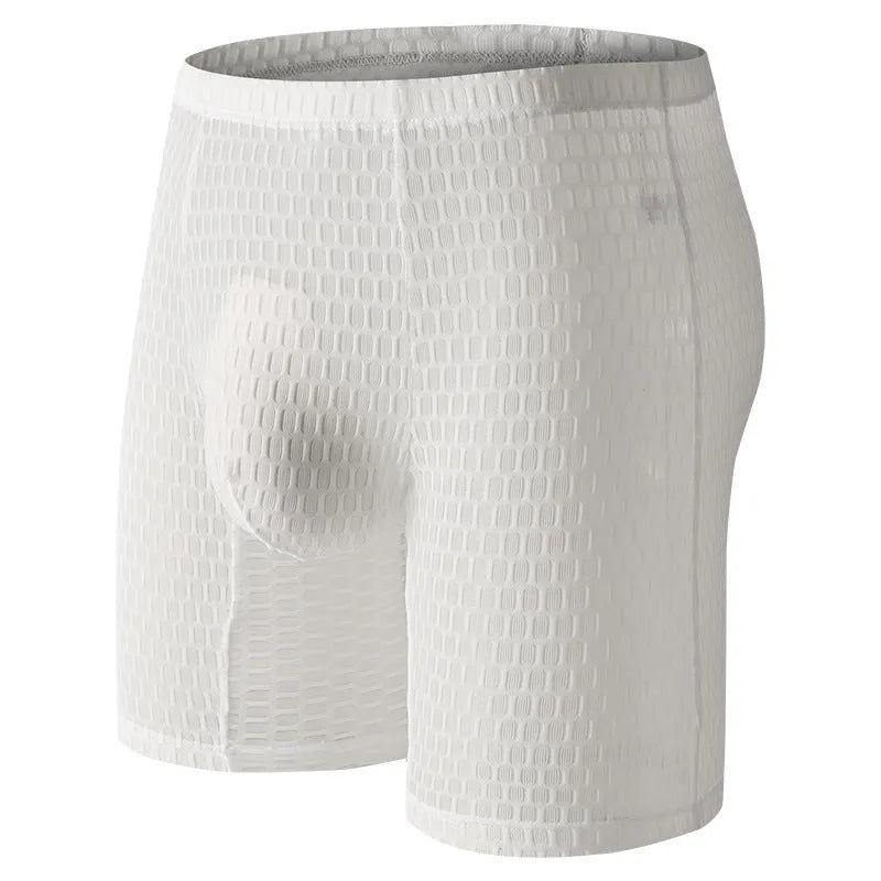 Men's solid colour lace boxer shorts on a white background, showing shaping design.