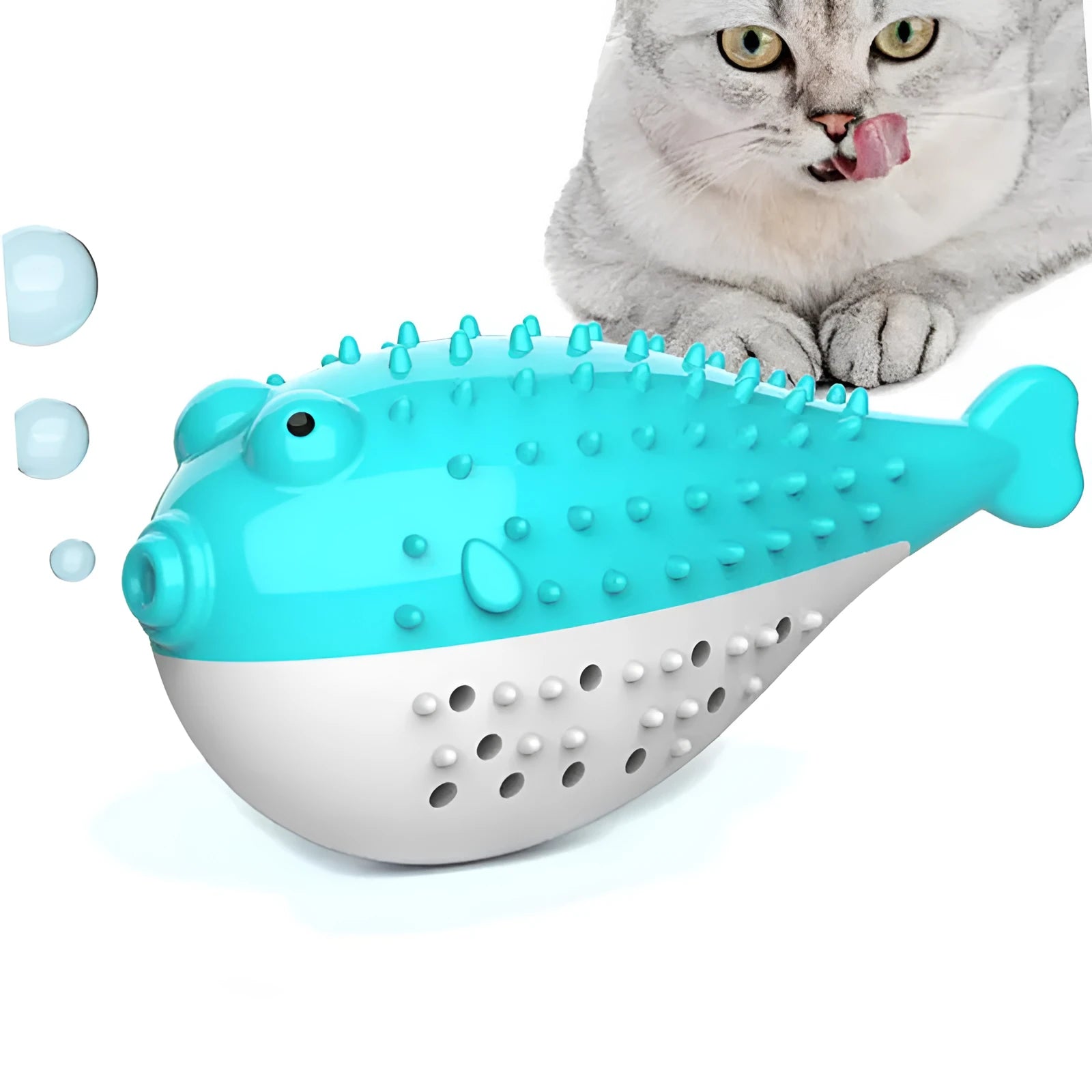 Mint Toys blue silicone fish-shaped cat chew toy with built-in toothbrush cleaner