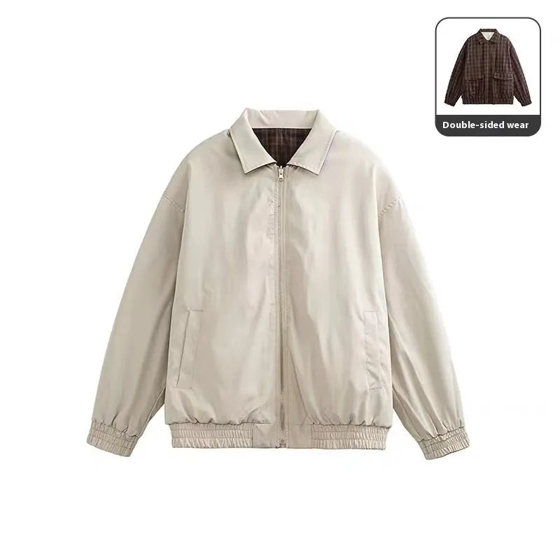 Men's retro reversible jacket in khaki with coffee colour plaid, stand collar, zipper placket, loose fit