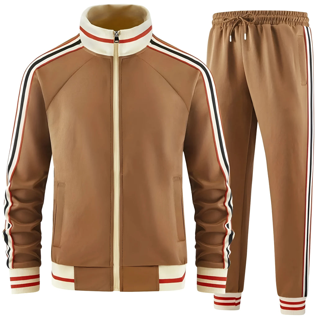 Men's khaki polyester turtleneck zip cardigan and trousers casual suit set on a hanger.