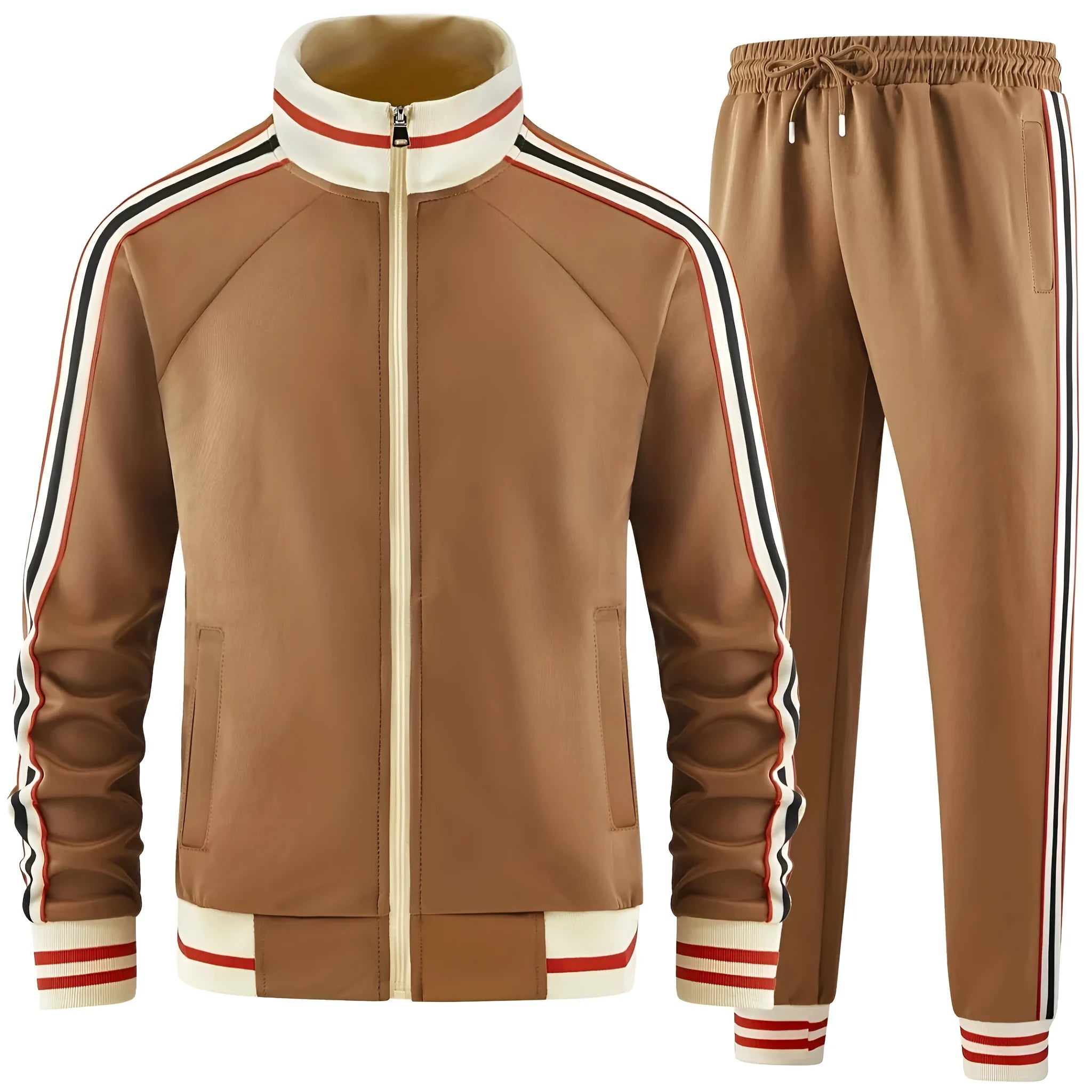 Men's khaki polyester turtleneck zip cardigan and trousers casual suit set on a hanger.