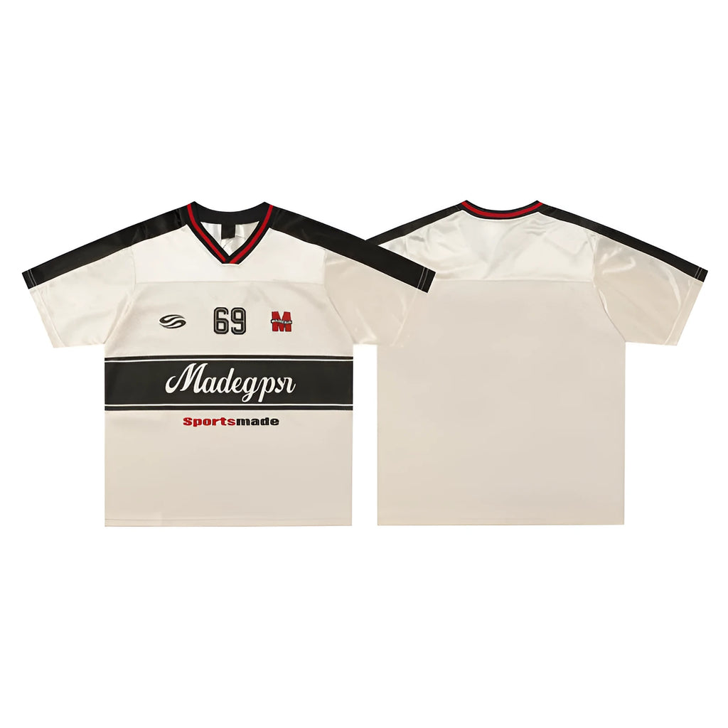Apricot coloured men's V-neck loose sports jersey with letter print and drop shoulder sleeves.