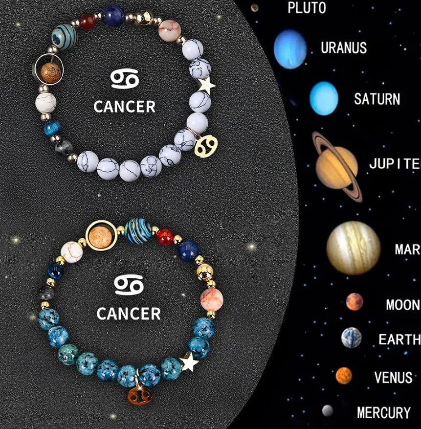 Set of two beaded bracelets with natural stones for the twelve zodiac signs on an adjustable cord.