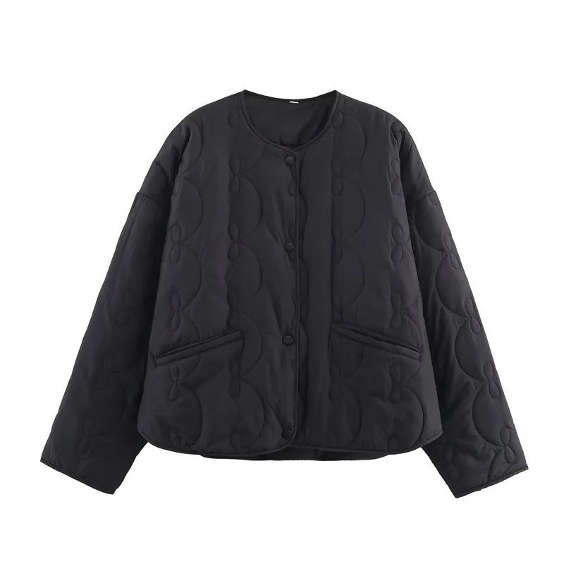 Women's black polyester bow quilted coat with straight cut and regular sleeves