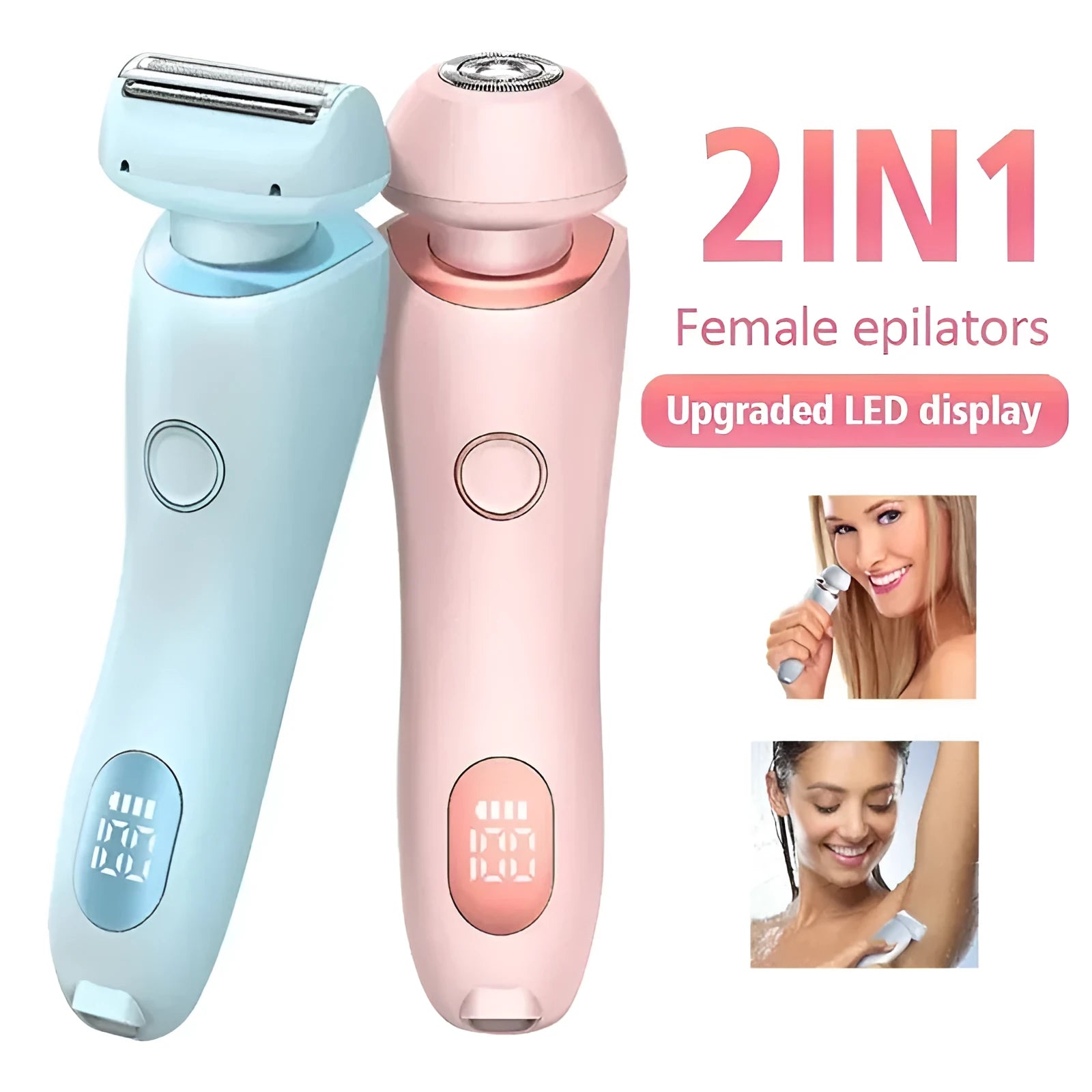 2 in 1 women's electric shaver with two cutting heads, USB rechargeable, IPX7 waterproof, in pink