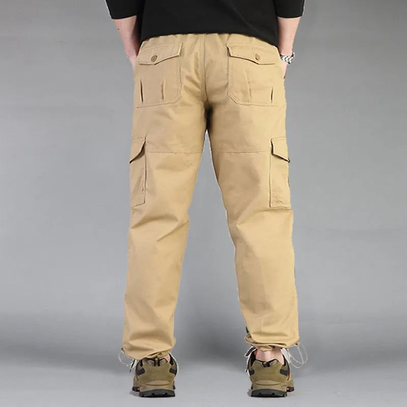 Men's loose spring autumn outdoor overalls in solid colour khaki with zip placket mid waist cotton blend