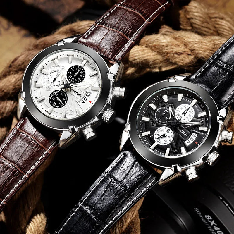 Men's multifunctional quartz watch with three subdials and luminous hands in black or brown colour options