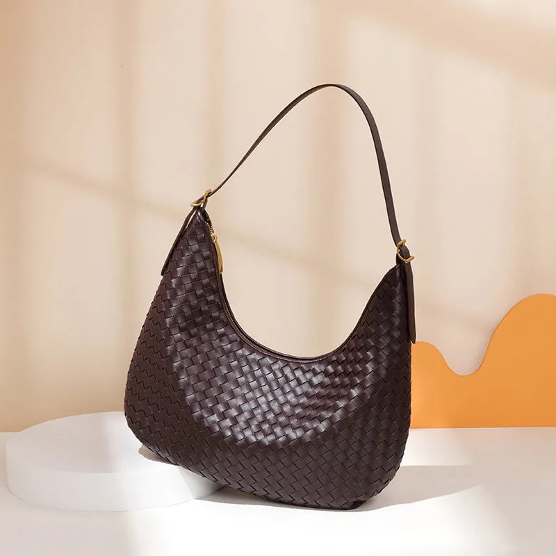 Fashionable large capacity French tote bag in black PU with weave design and horizontal square shape