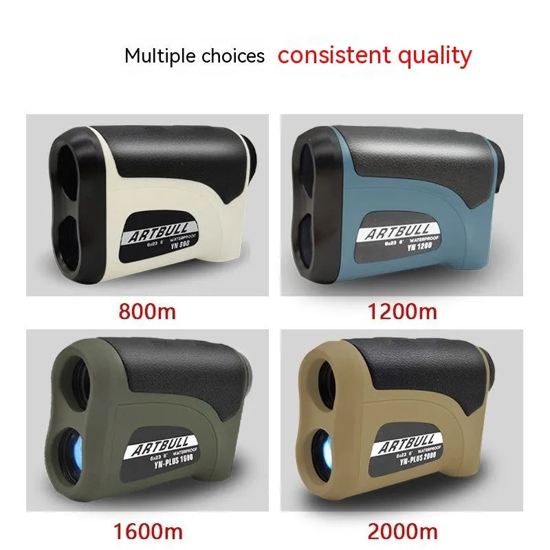 Laser golf rangefinder telescope 102x35x69mm with LCD display and CR2 battery, available in four colours