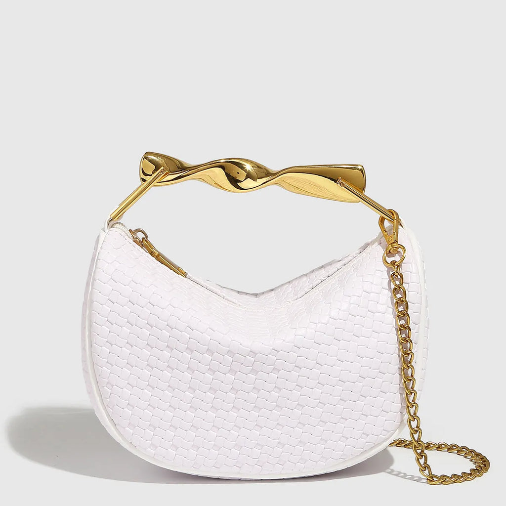 Straw woven dumpling chain crossbody bag in black PU leather with woven texture and chain shoulder strap.