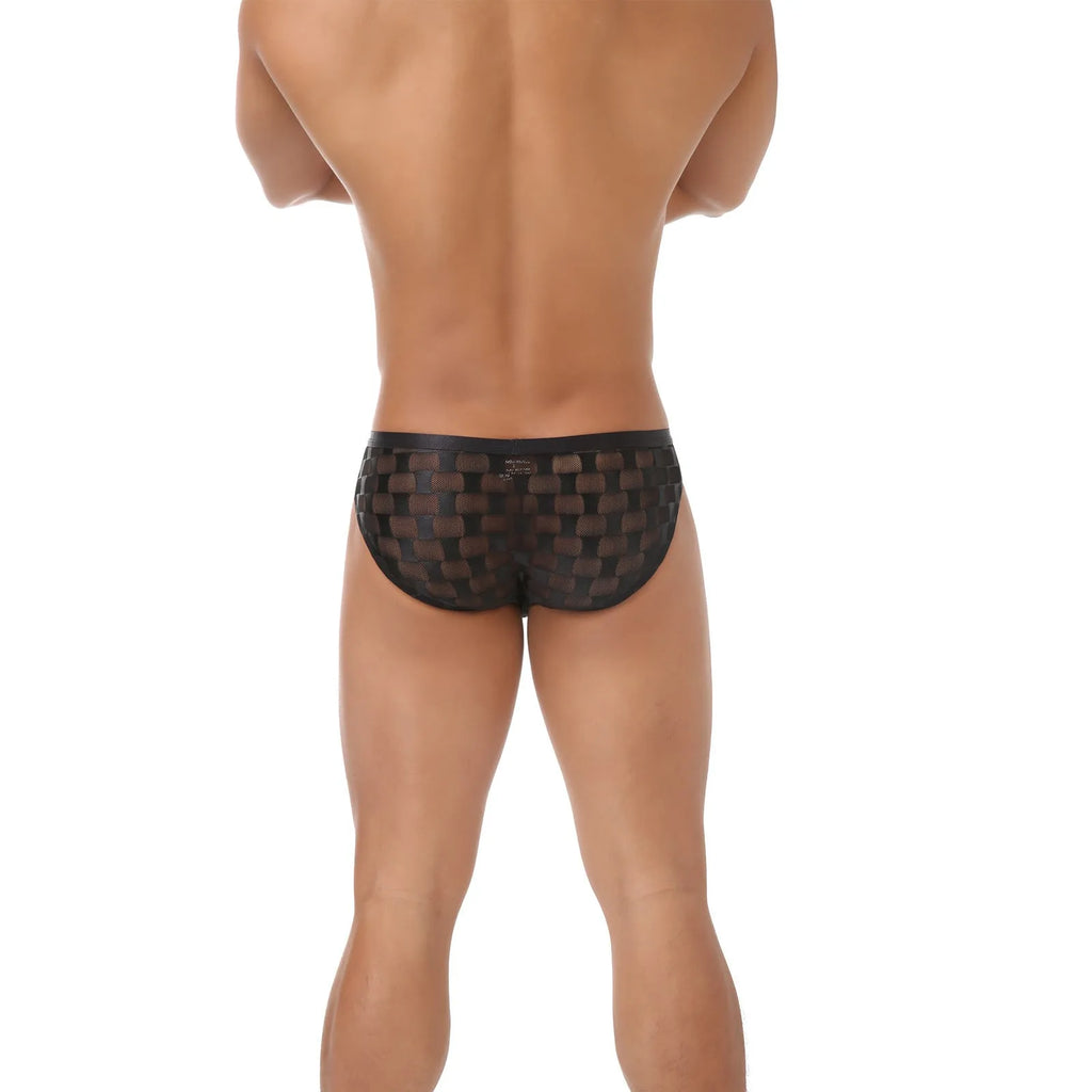 Men's black and white plaid mesh briefs with a U-convex design, shown flat and on a model.