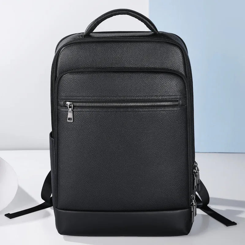 Black genuine leather men's business computer backpack with curved shoulder straps
