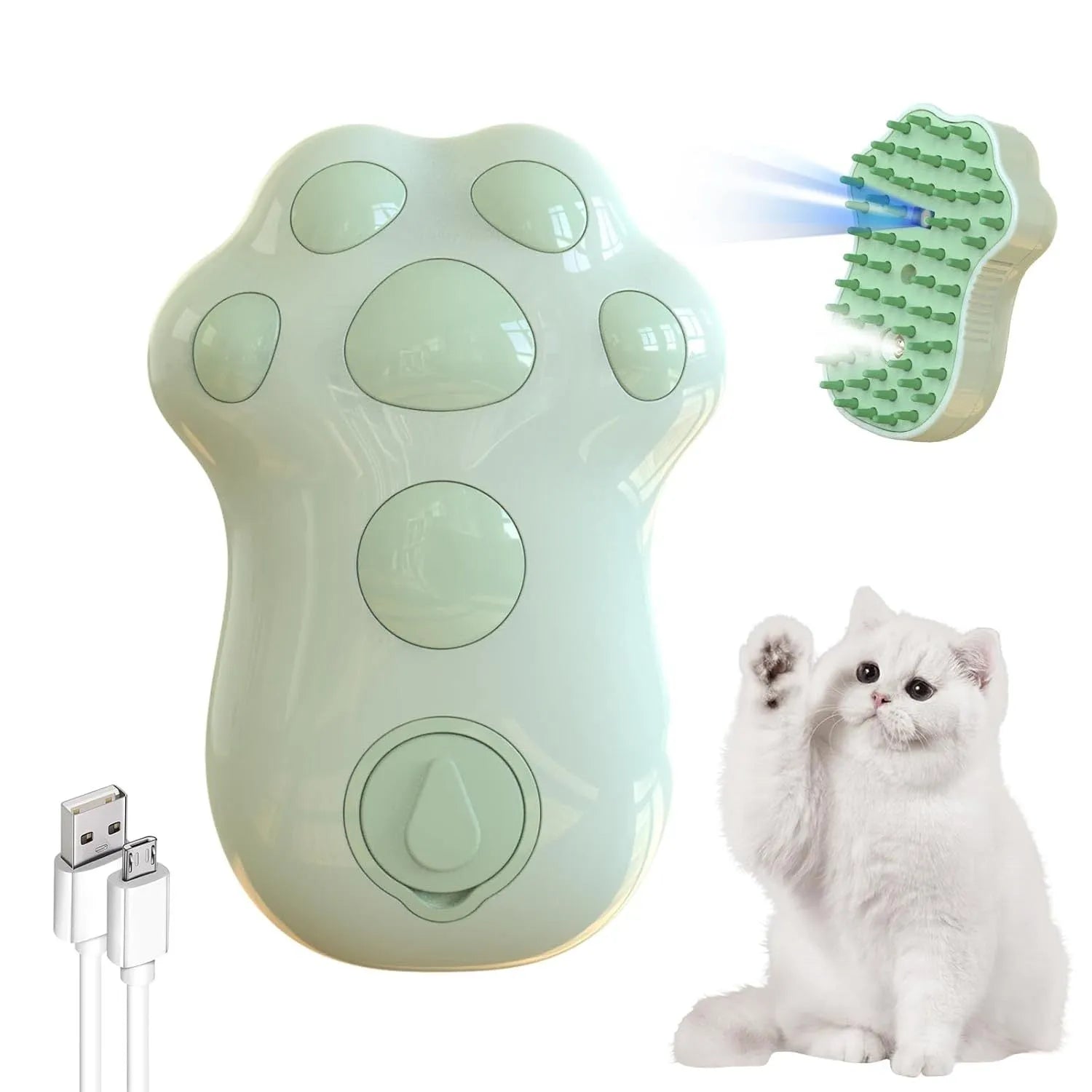 Self-cleaning cat steam brush with silicone bristles, spray nozzle, and release button in blue, green, or pink