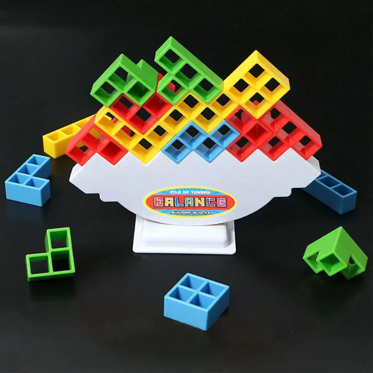 Plastic balance stacking tower game with coloured blocks on a base for kids and adults