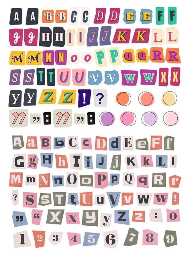 English letters and numbers label sticker sets showing alphabet series A through E with week words in cute style
