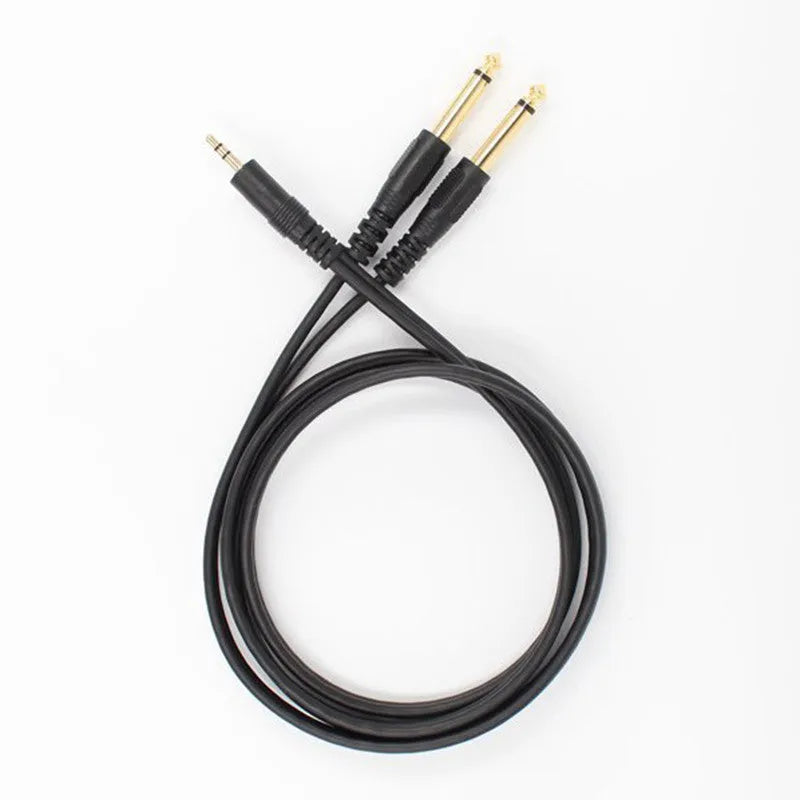 3.5mm to two 6.5mm male audio cable with black jacket and metal connectors.