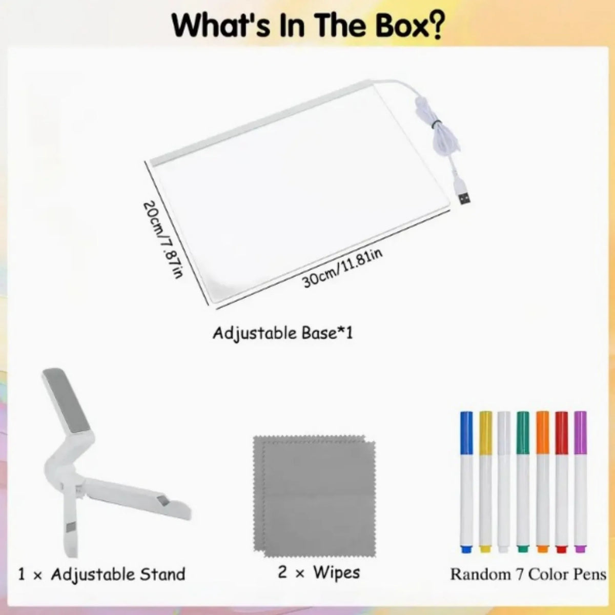 Large LED note board with coloured illumination, PVC housing, and pen set in 15x15cm, 20x20cm, or 30x20cm sizes