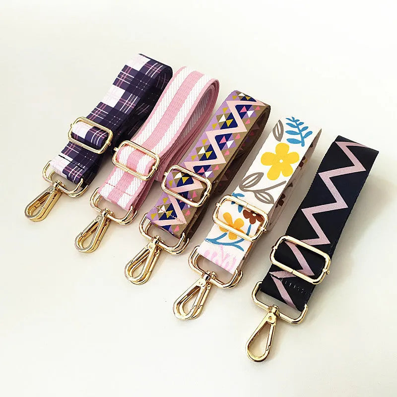 Colourful wide polyester cotton handbag shoulder strap with floral pattern and gold buckle