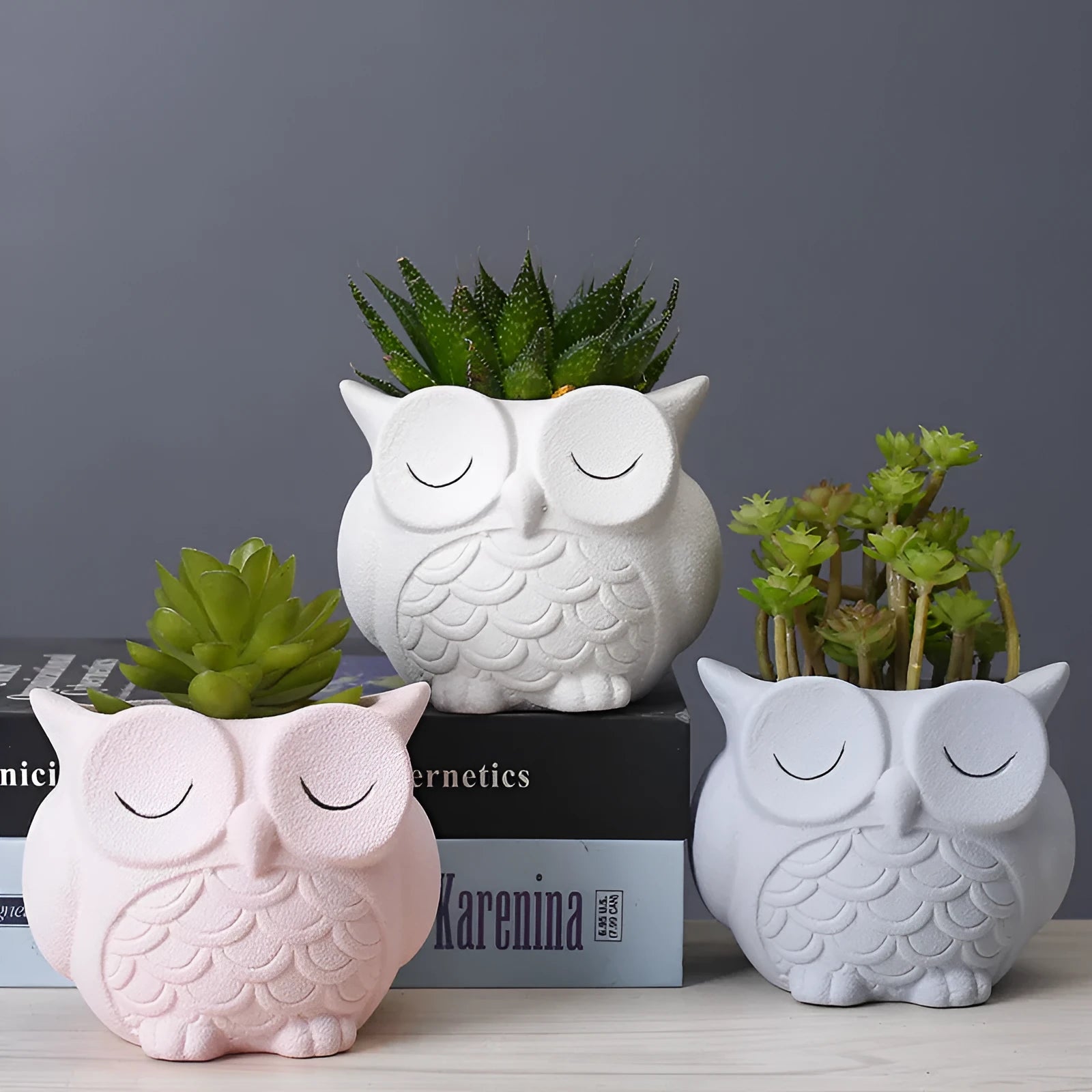 Handmade frosted ceramic flower pot with a cartoon owl design, shown in light pink.