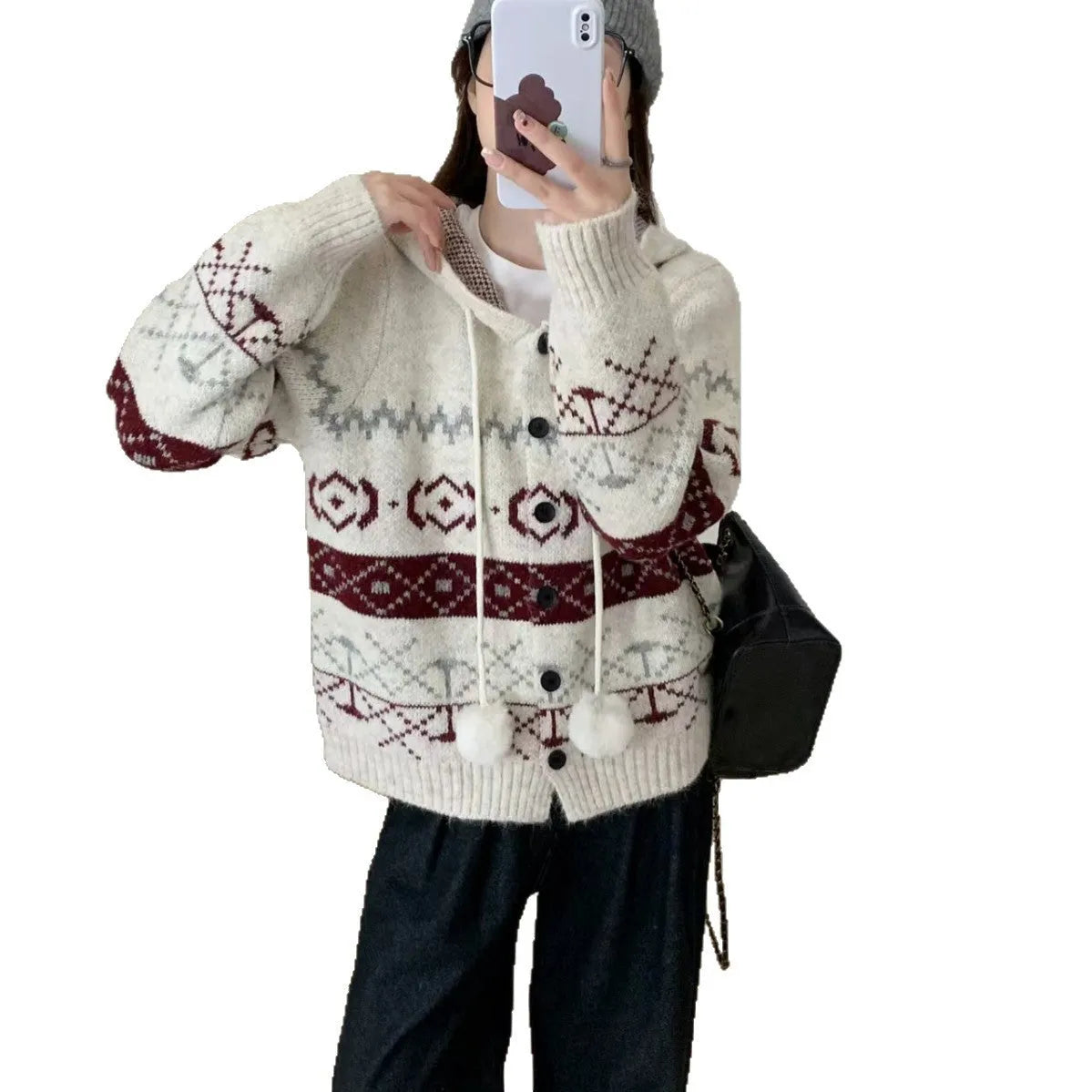 Loose fit brocade sweater coat for women in grey with geometric pattern.