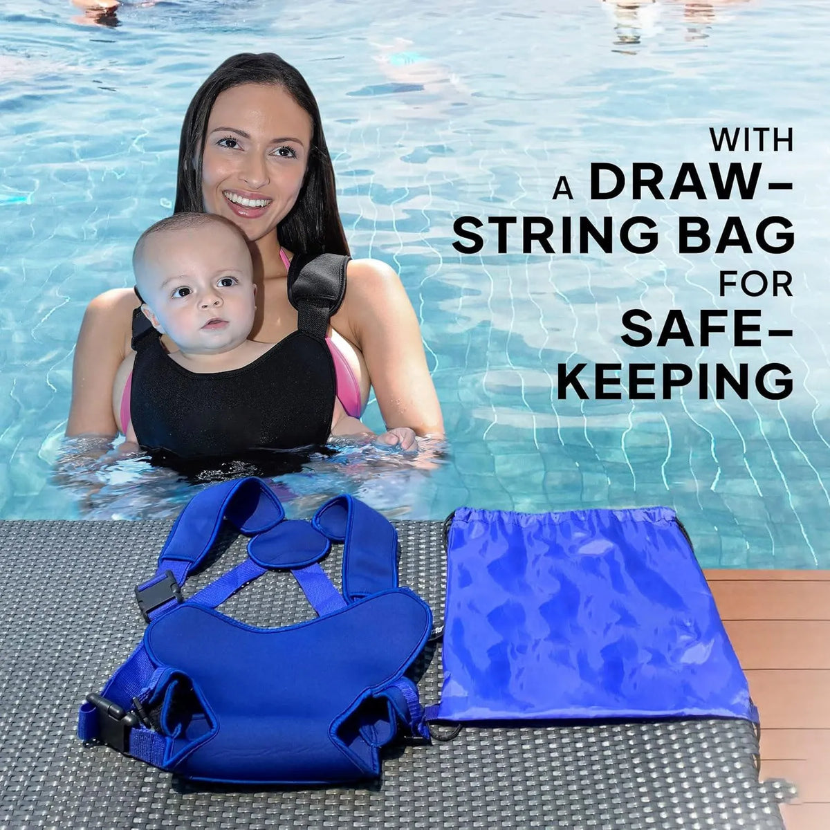 Amphibious baby strap in black, adjustable free size for water play, maximum load 20kg