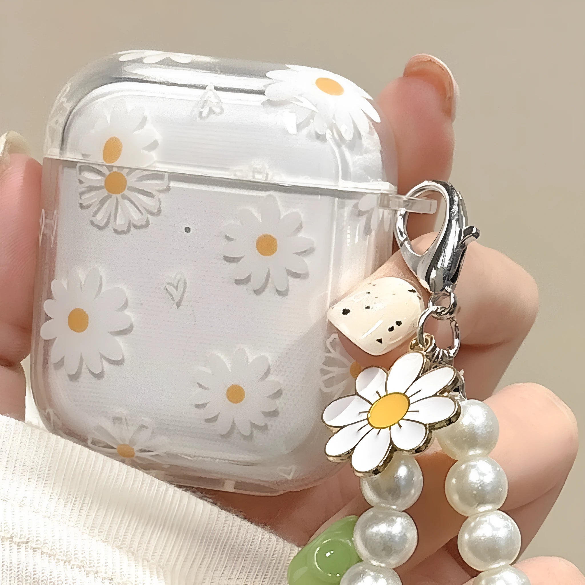 Transparent TPU Bluetooth headset protective cover with pearl pendant for Apple AirPods