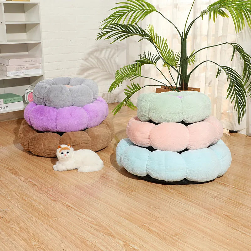 Round plus velvet pet nest in grey, 40cm outer diameter, 14cm height, soft anti-drop edge for cats