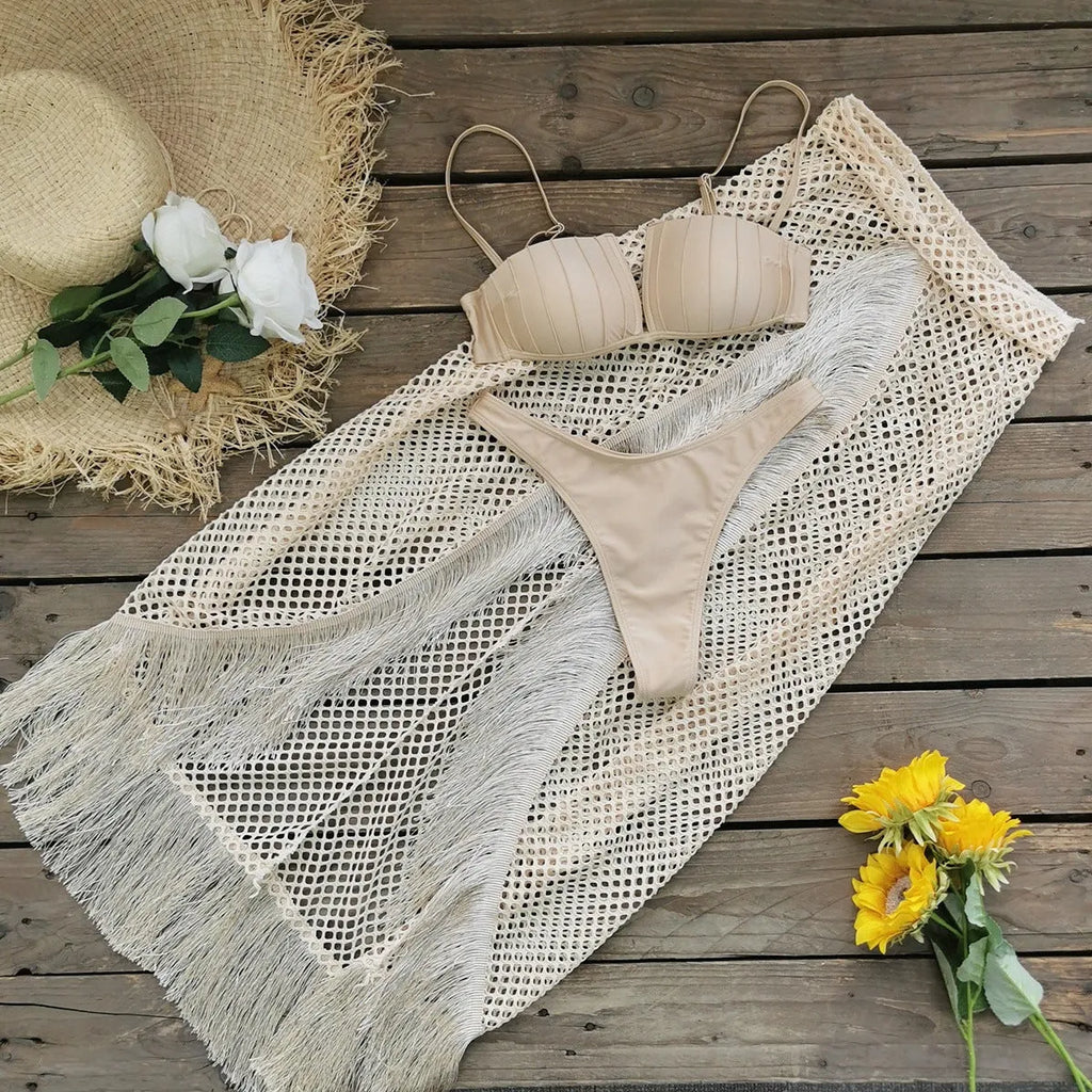 Women's bikini three-piece set with half-length tulle skirt, tassels, in colour Suit