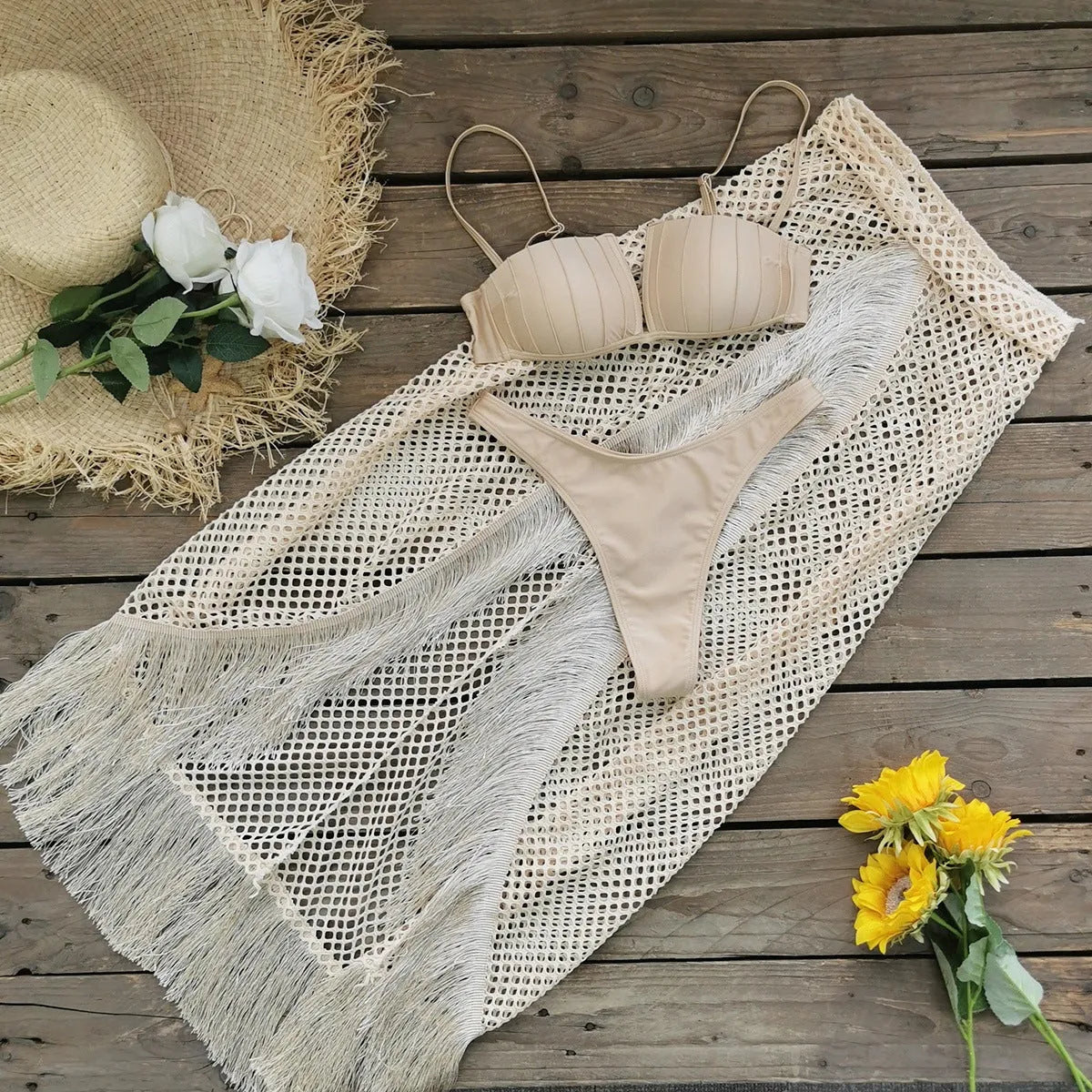 Women's bikini three-piece set with half-length tulle skirt, tassels, in colour Suit