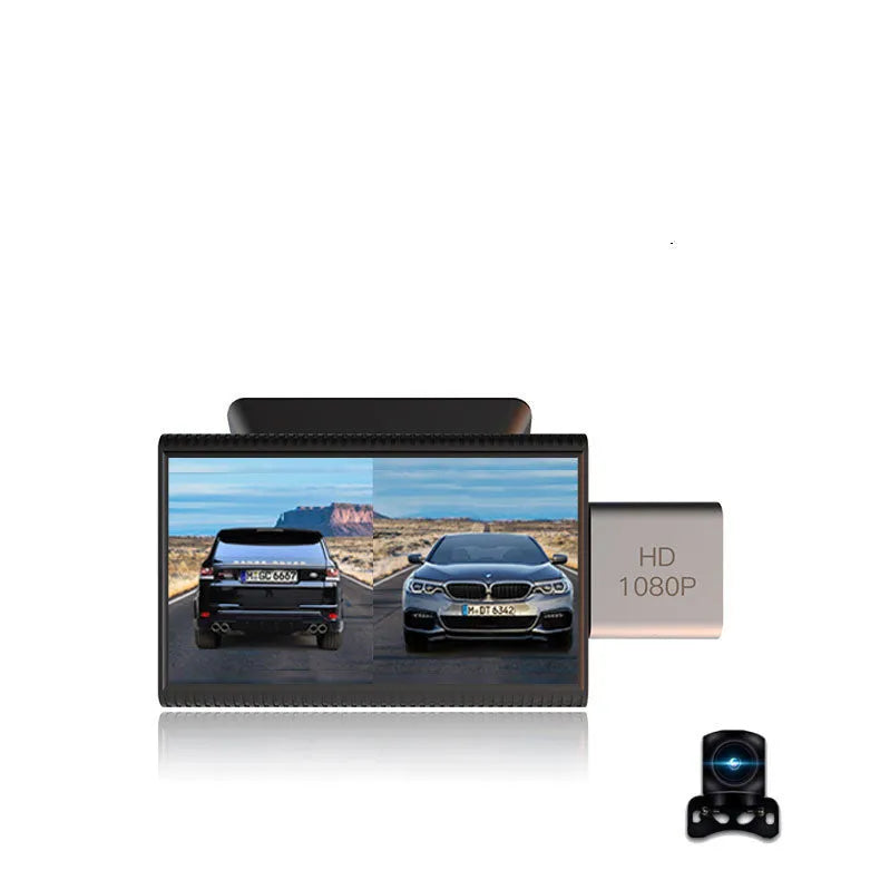 4G tachograph car dash cam with front and rear cameras, black plastic housing, touch screen display