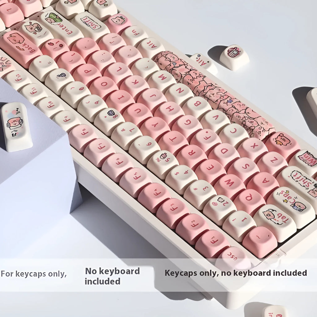 Pink PBT key caps with pig design artwork for mechanical keyboards showing MOA height profile