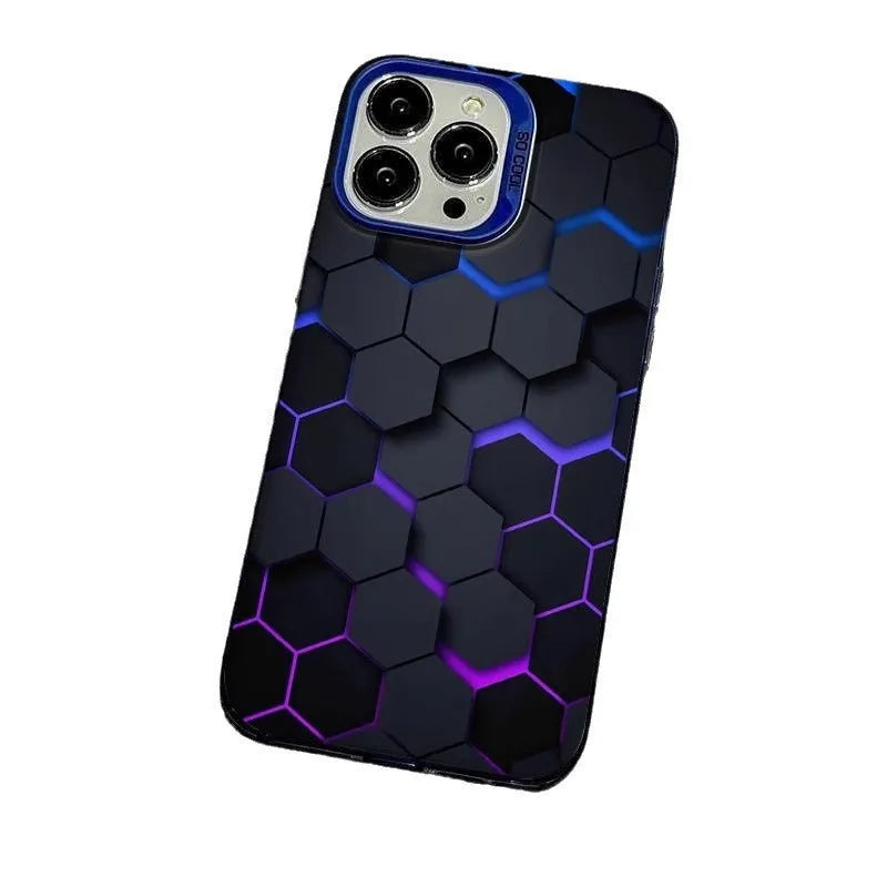 Frosted black iPhone case with honeycomb square pattern on the back.