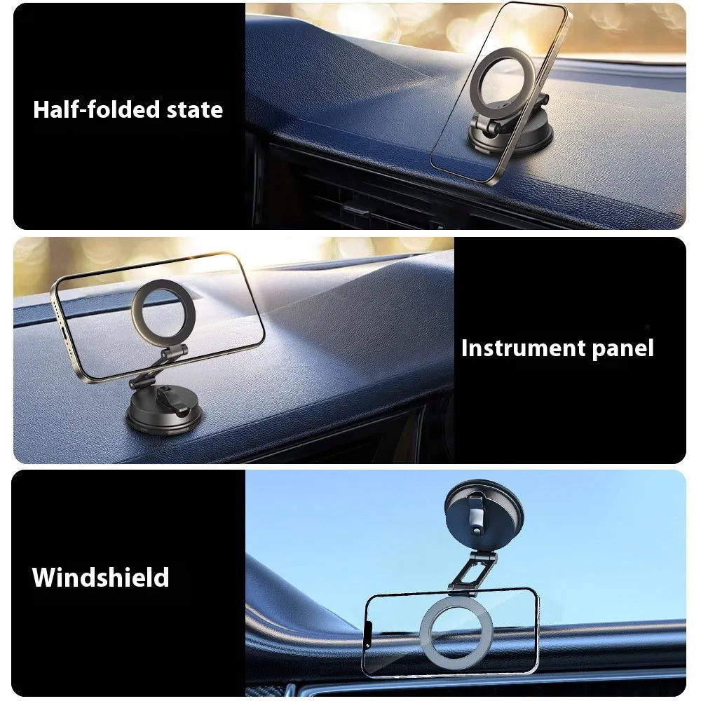 Black car magnetic phone holder with suction cup mount and 360-degree rotating ball joint
