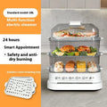 28-litre electric kitchen steamer with stainless steel rack on countertop