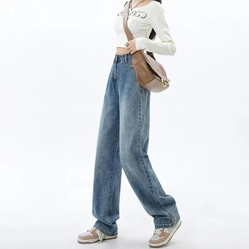 Women's retro blue wide leg jeans with high waist straight cut design and spandex stretch fabric