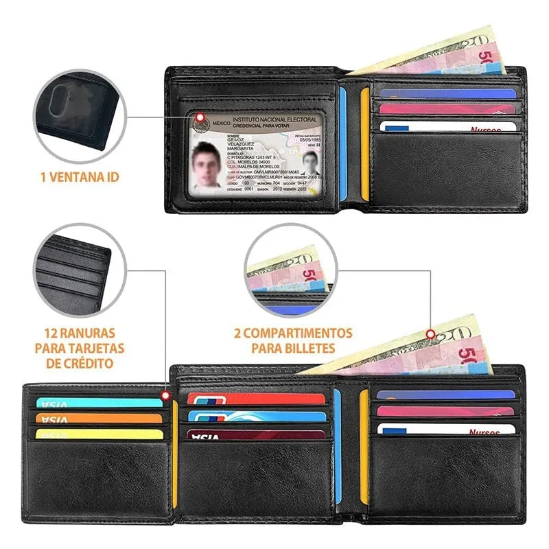 Black men's anti-magnetic wallet with PU leather outer, microfiber lining, and sewing line detail