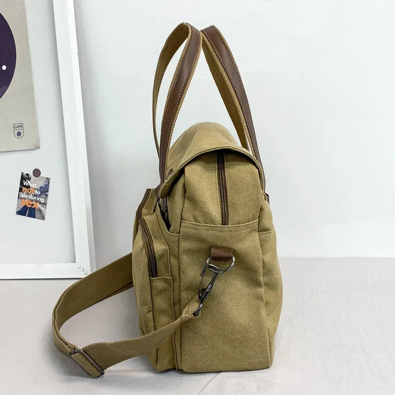 Large capacity canvas men's crossbody bag with multi-compartments, polyester lining, stitching and rivets, black green or khaki