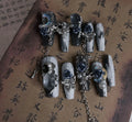 Heavy industry night blue plastic nail armour suit with rose and tulip floral patterns for evening manicure