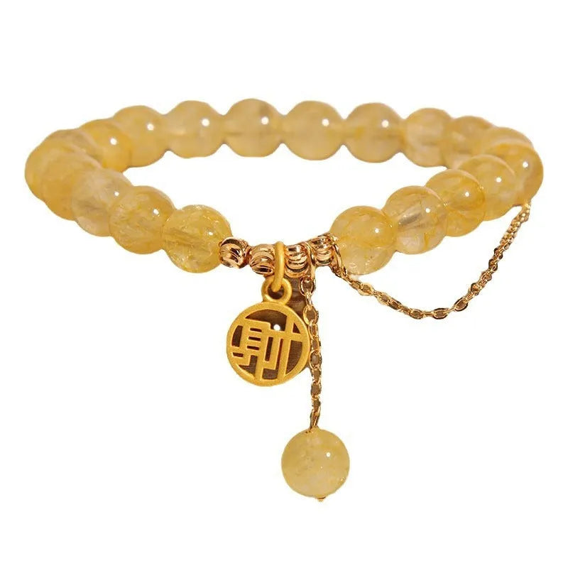 Natural stone citrine bracelet with Chinese character tassel in either Cai or Fu design