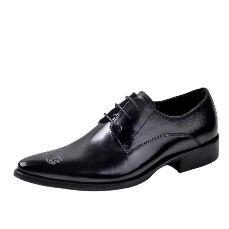 Men's black leather pointed carved business formal shoes with low-top cowhide upper and rubber sole