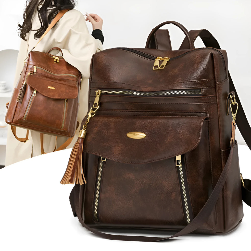 Crossbody casual ladies backpack in PU material with sewing thread detail, available in black, brown, and coffee