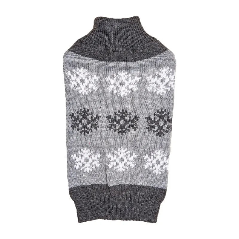 Grey and brown snowflake pattern dog Christmas sweater on pet model showing acrylic knitted construction