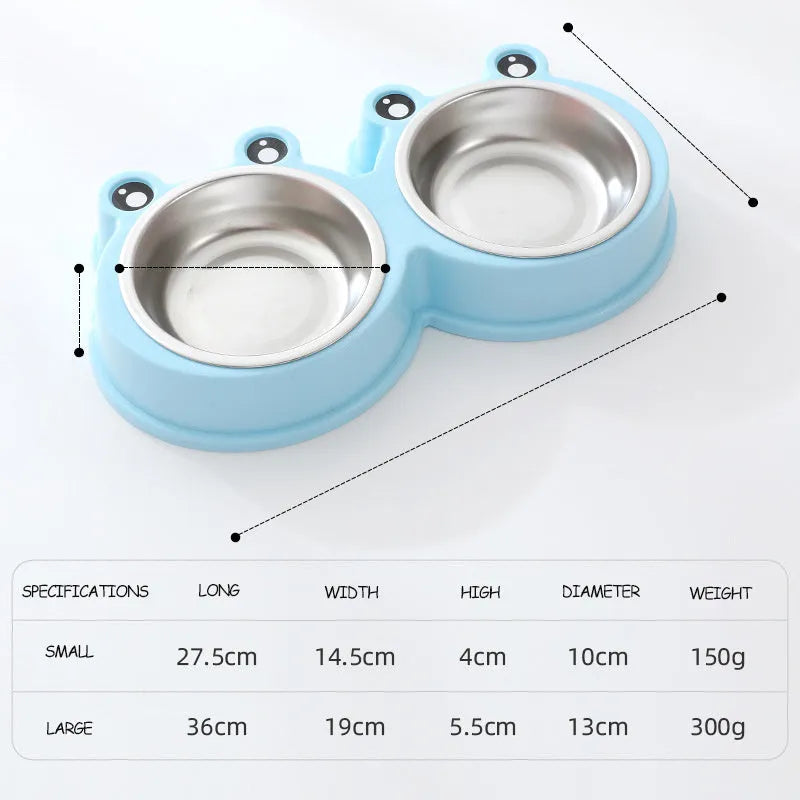 Blue stainless steel double pet bowl with frog design for cat and dog food and water.