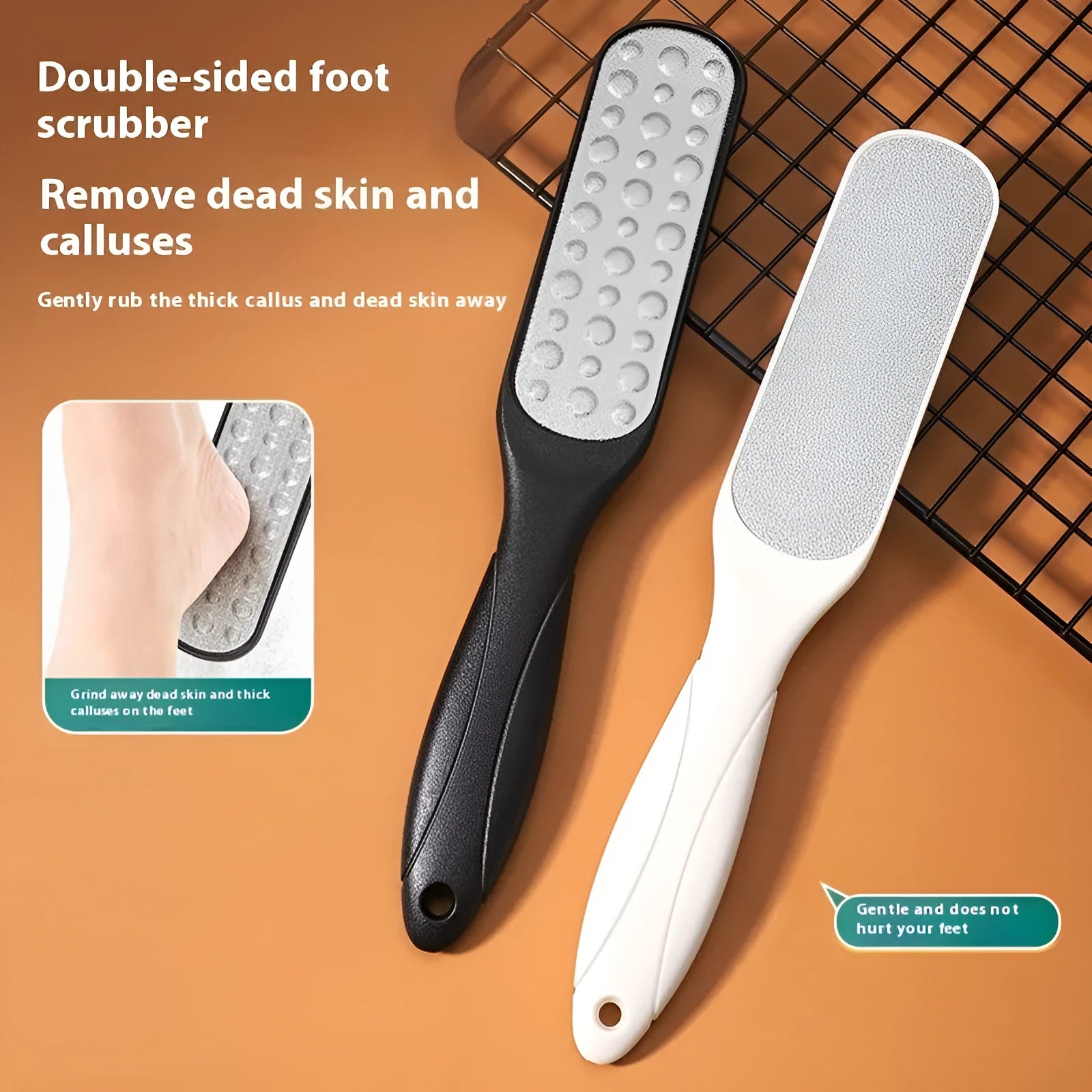 Stainless steel double-sided foot grinder with removable sandpaper foot gear.