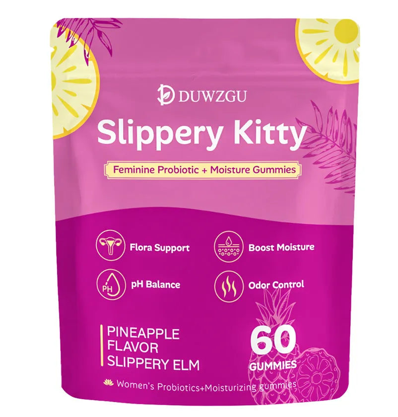 Jar of female probiotic moisturizing gummy supplements with natural fruit flavours for daily use