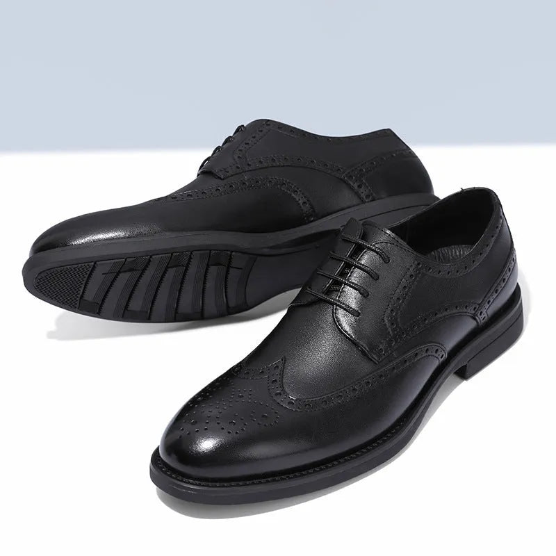 Men's black and brown brogue shoes with traditional perforated patterns, business style with PU leather upper