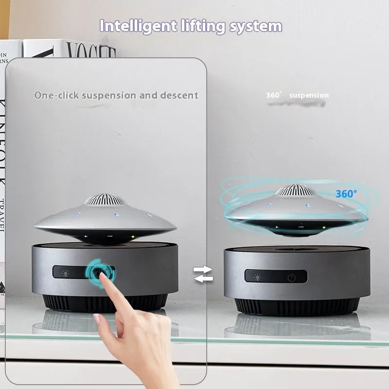 Automatic lifting magnetic levitation Bluetooth speaker hovering above its base.