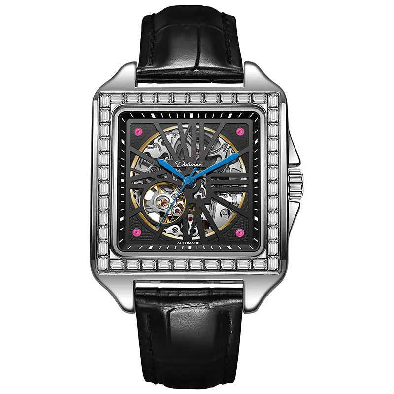 Men's square automatic watch with diamond detailing on steel belt